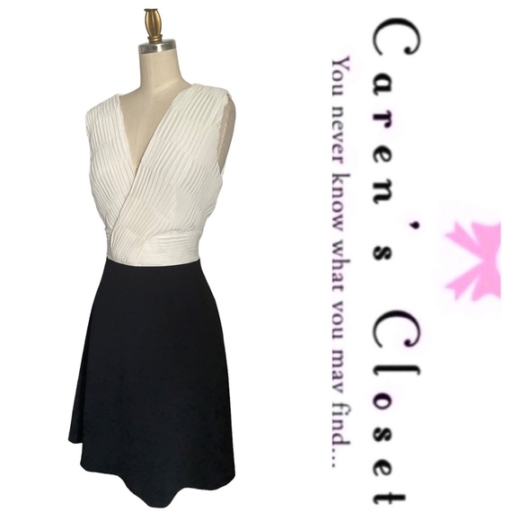 DKNY Black & White Chiffon Stretch Knit Cocktail Skater Fit & Flare Dress - Picture 6 of 16